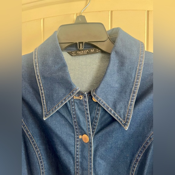 Women's Denim Dress Button Down Lapel Collar Casual Midi Dress with Belt - Picture 2 of 16